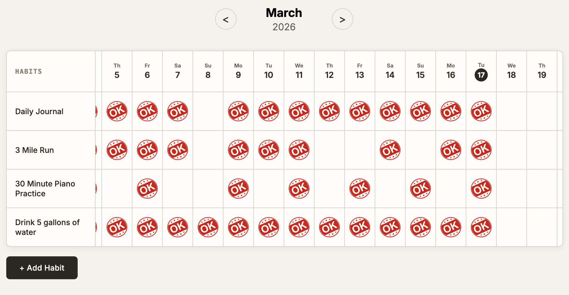 Habit tracker grid showing a month of logged habits